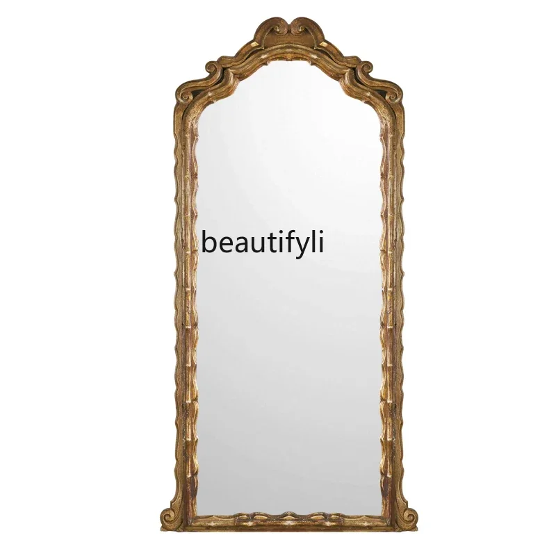 l French retro full-length mirror household wooden frame carved floor mirror gold old bedroom full-length mirror