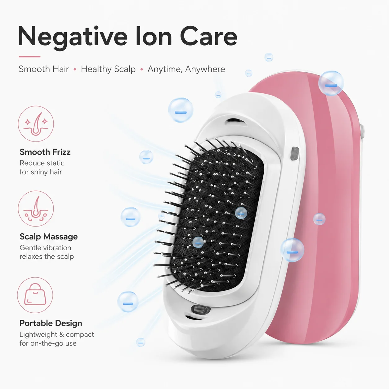 Portable Electric Ionic Hair Brush – Negative Ion Scalp Massager, Vibration, Smooth & Shiny Hair, Travel Friendly