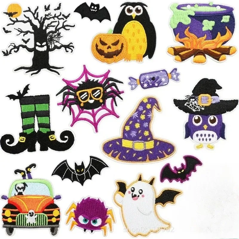 Ghost Car Embroidery Cloth Sticker Halloween Theme Computer Embroidery Label Owl Witch Hat Bag Decoration Patch Sticker