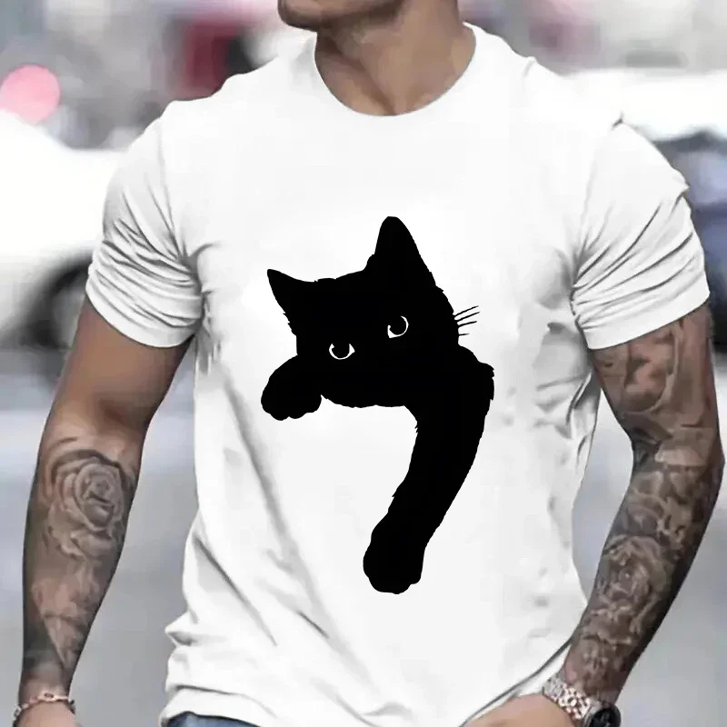 Funny Black Cat Men T-shirt Summer Harajuku Fashion Male Breathable Aesthetic Oversized Clothing Ulzzang Tees Graphic Y2k Tops