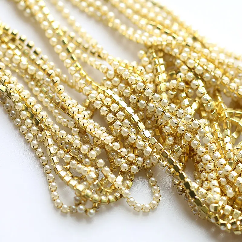 White Pearl Chain 10yards/roll Crystal Glass 2mm 3mm Golden Base Cup Rhinestone Apparel Sewing DIY Accessories