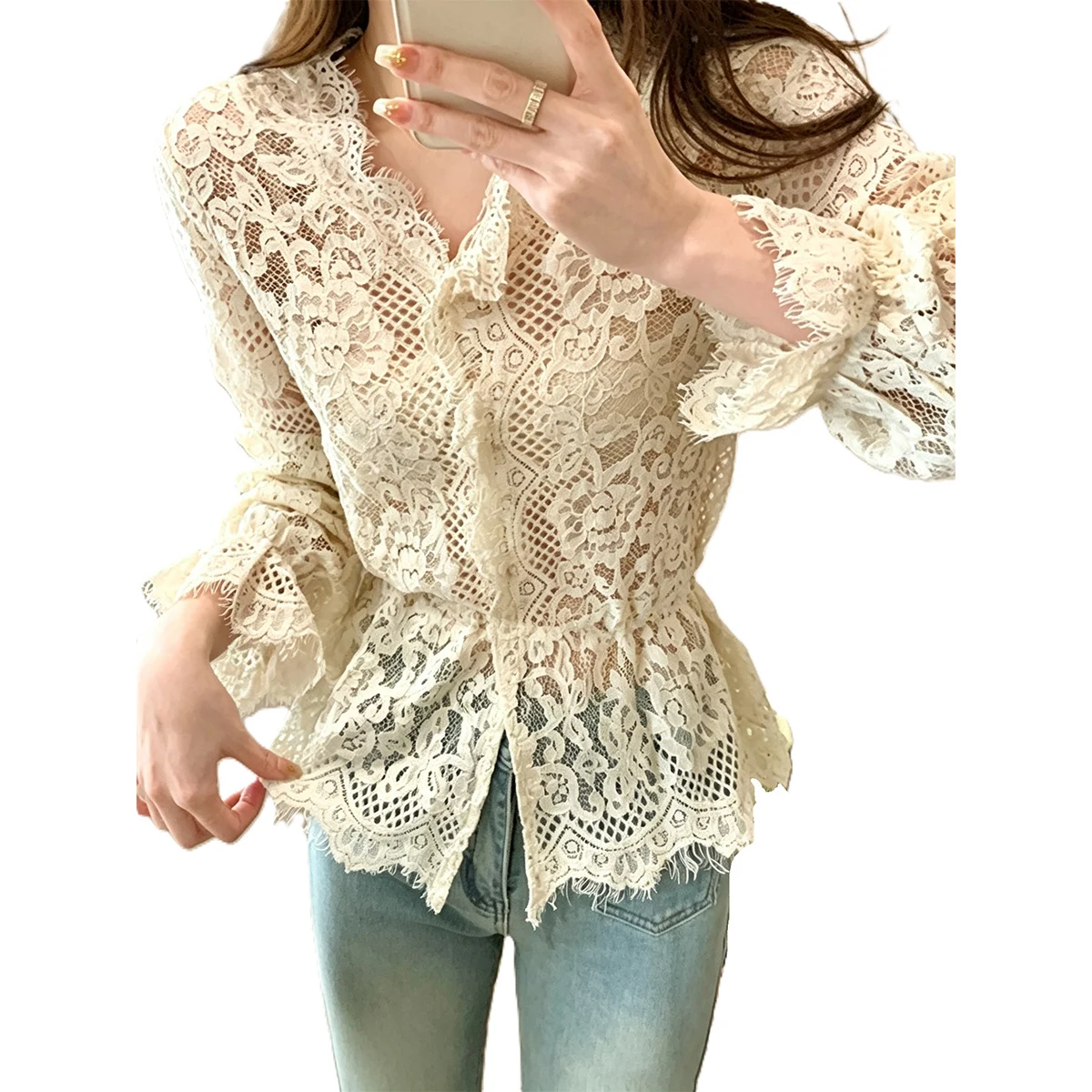 Women Solid Color V‑Neck Hollow Lace Open Shirt Perspective Of Single Breasted Cardigan Tops Fashion Basic Matching