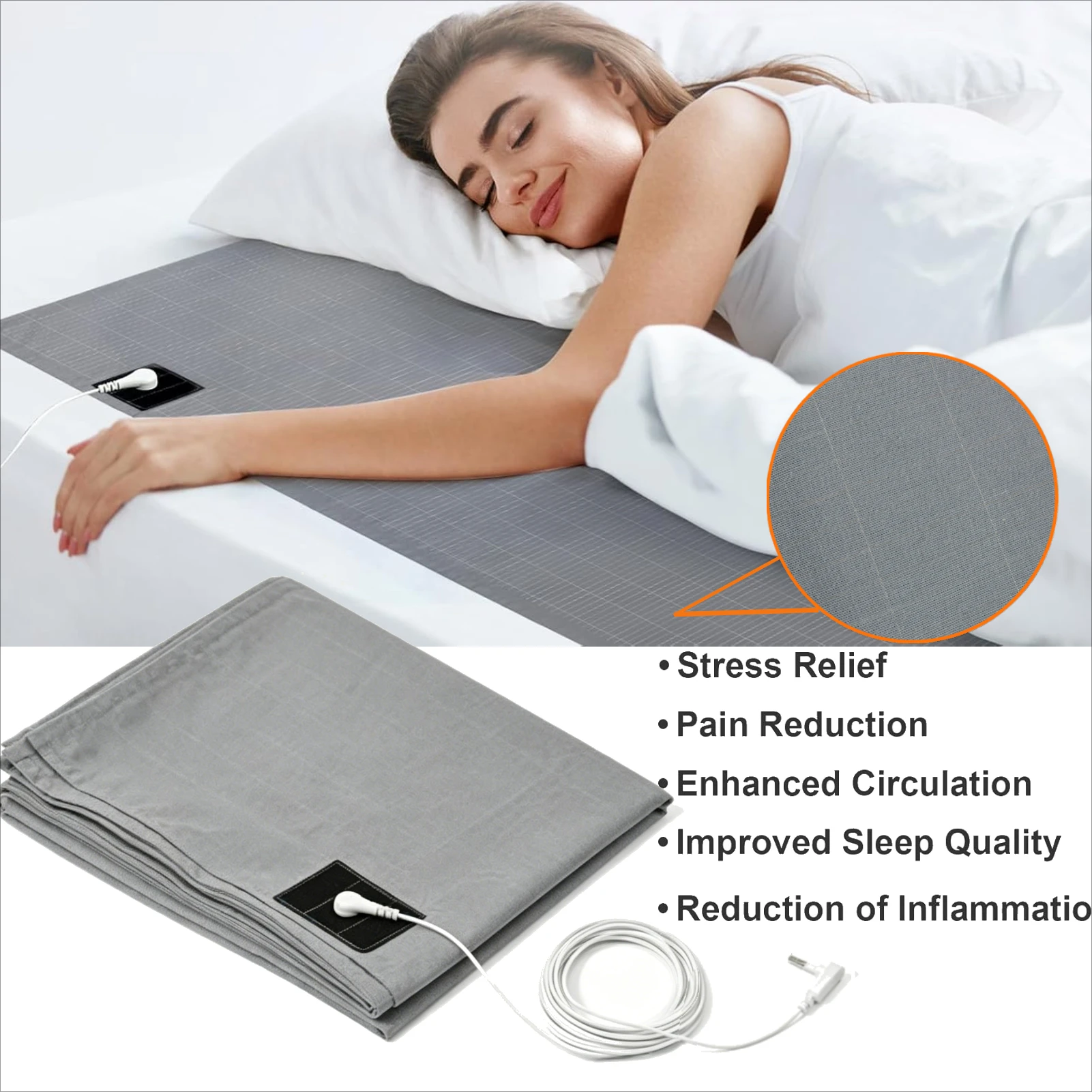 Grounding Sheets with Grounding Cord Made with Premium Cotton & Pure Silver Threads Conductive Fabric Achieve Healthy Sleep