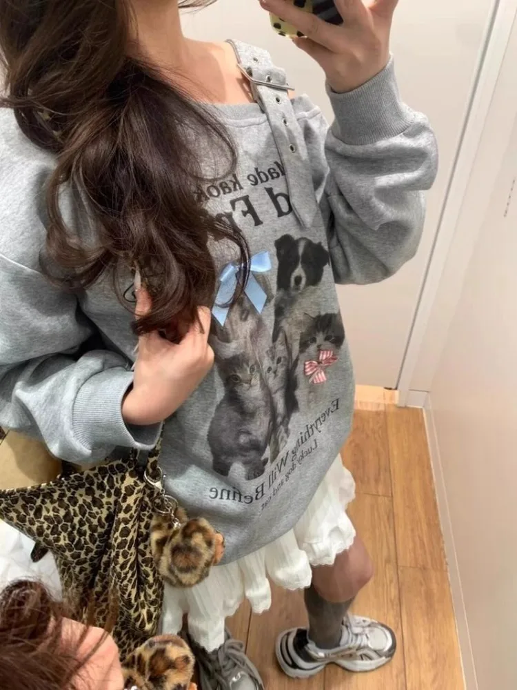 

Gray Skew Collar Off Shoulder Sweatshirts Autumn Winter Thin Long Sleeve Tops Mujer American Irregular Loose Coat Women