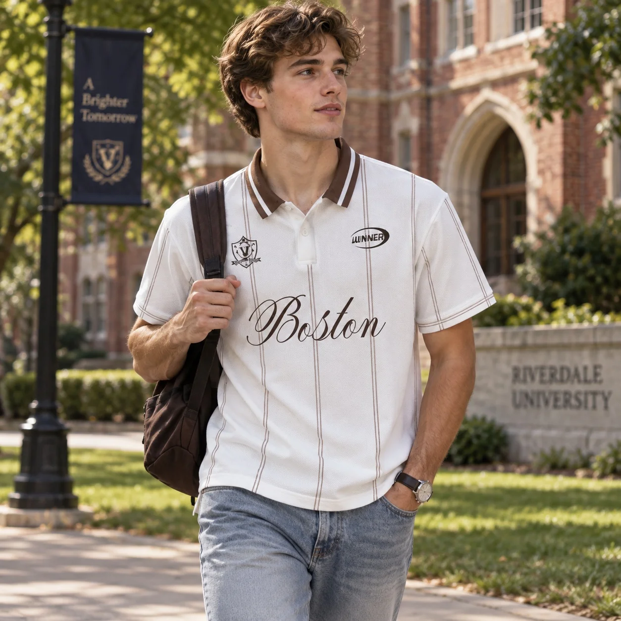 Men's Striped Boston Letter Print Short Sleeve Polo Shirt, College Sports Style,Summer Loose Retro Street Casual Daily Tops