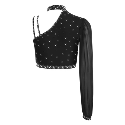 Imagen 2 del producto Top corto de baile de Jazz para mujer, traje de danza lírica contemporánea, Top corto asimétrico de malla transparente de manga larga con diamantes de imitación brillantes
