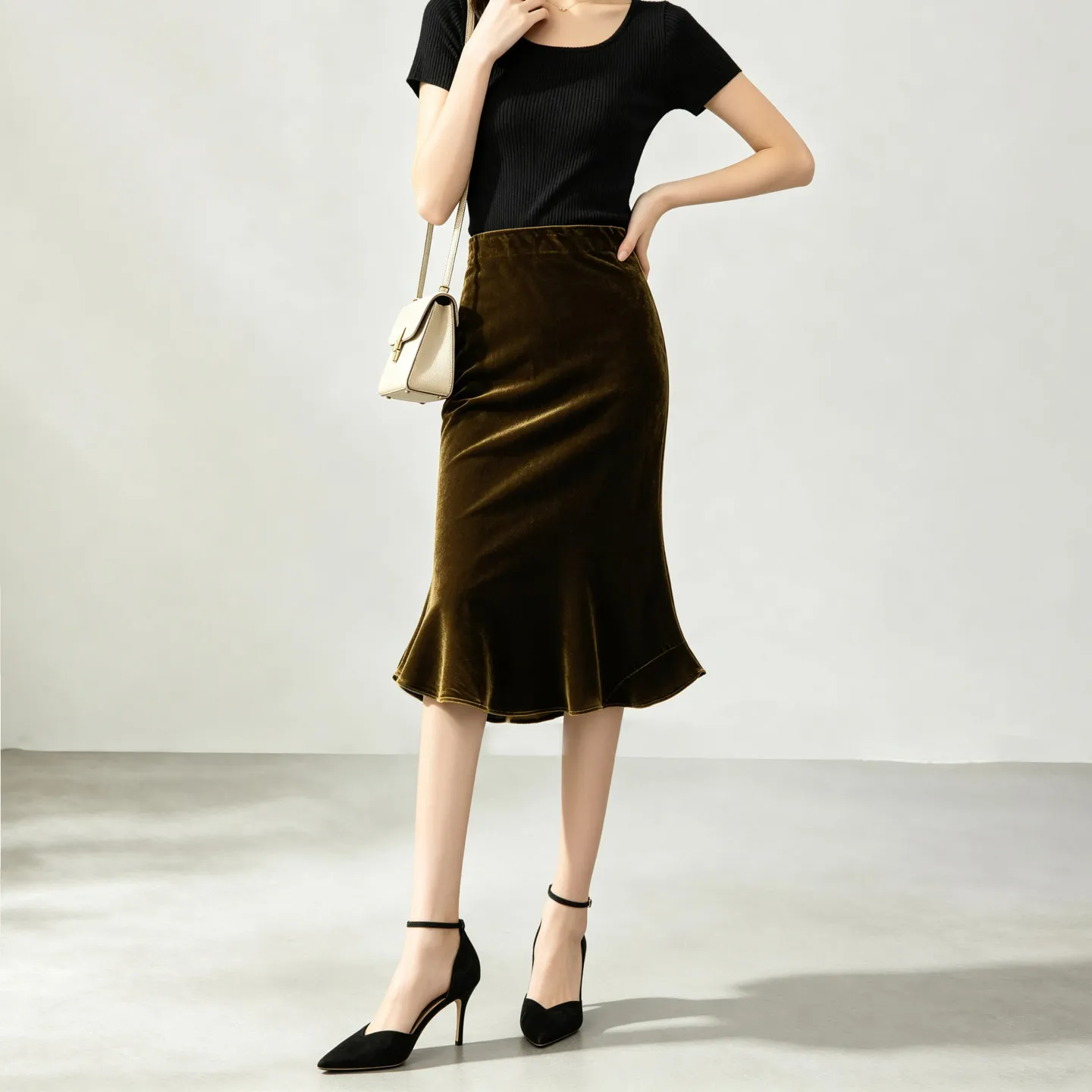 Winsleter-Silk Velvet Elegant Skirts, Elastic Waist Solid, Women Retro Temperament Chic Trumpet Skirt, 2026 Autumn New B68706CC