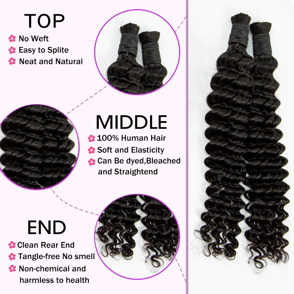 Natural 26 28 Inch Human Hair Bulk Deep Wave No Weft Hair Bundles 100% Virgin Curly Hair Bulk for Boho Braided Hair Extensions