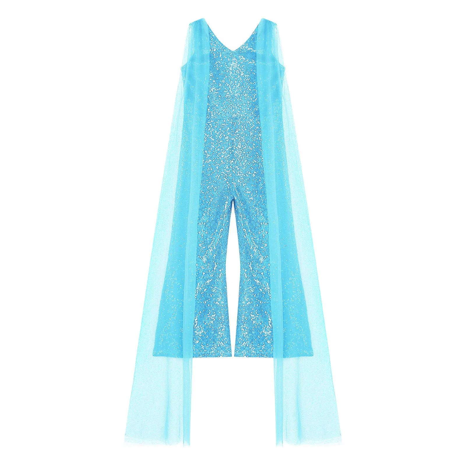 Kids Girls One-piece Party Jumpsuits Sparkly Sequined V Neck Cape Sleeve High Waist Wide Leg Pants Bodysuit for Flower Girl Gown