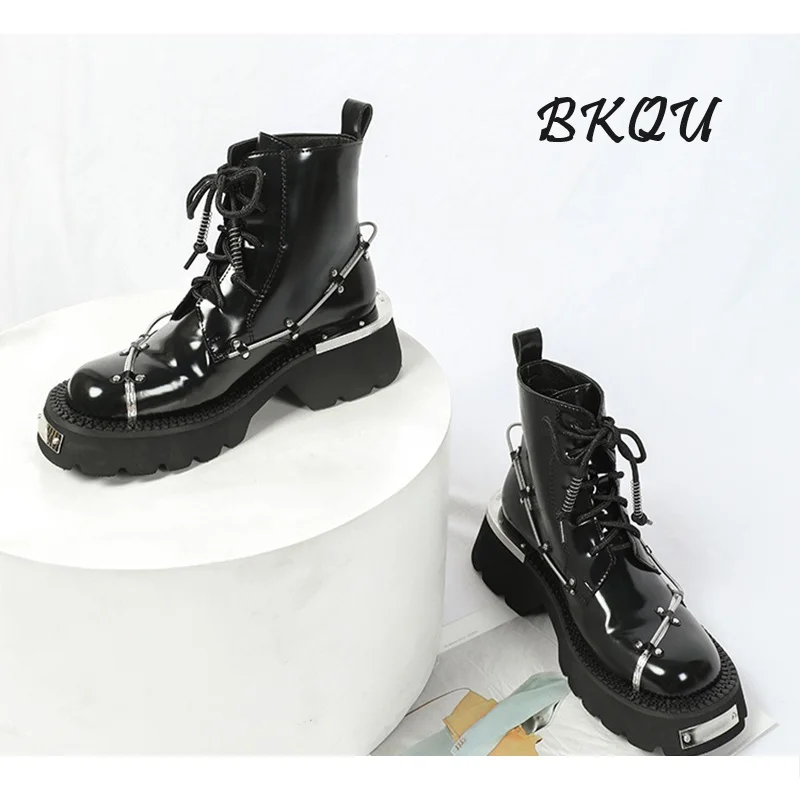 BKQU 2024 New Punk Heavy Soled Sweet Cool Biker Ankle Boots Metal Trim with Thin Ribbon Winding Platform Heels Trend Rivets