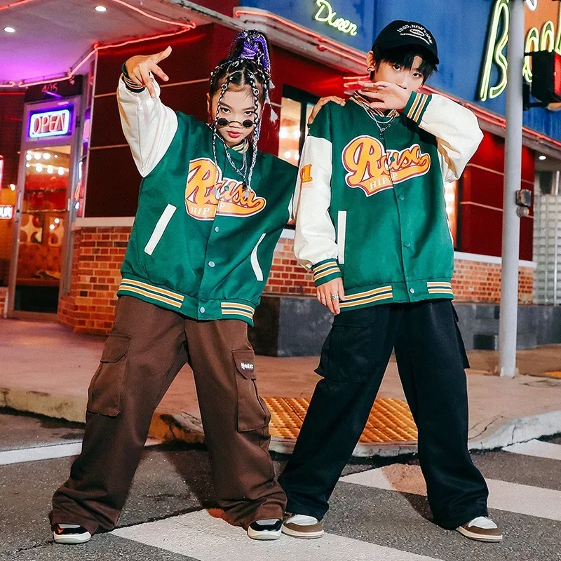 

Street Dance Costume Children Hip Hop Clothes Green Jacket Loose Cargo Pants Festival Clothing Kpop Jazz Dance Outfit DL11581