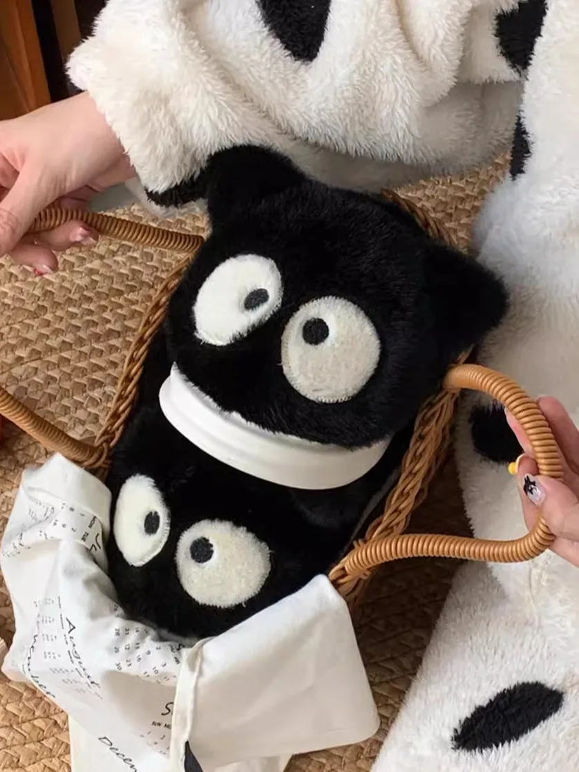 Cute Black Cat Slippers Soft Thick Sole Warm Student Home Slippers Man Women Plush Fun Big Eyes Small Black Cat Cotton Slippers