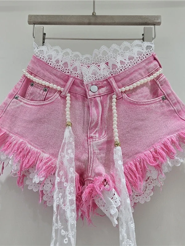 

Outlet Brand Spliced Lace Trim High Waist Wide Leg Jeans Shorts Women's Trendy Hot Pants Korean Style Commute Fashion
