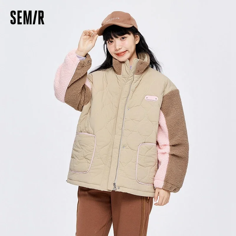 Semir Cotton Coat Women Mid-Length Spliced Imitation Lamb Wool 2023 Winter New Loose Color-Blocked Thick Cotton Coat