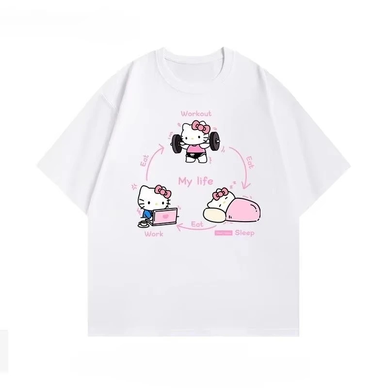 

Новая летняя хлопковая футболка Hello Kitty 2026 года, унисекс, детская, повседневная, свободного кроя, семейная, с коротким рукавом, модный ретро-принт, топ