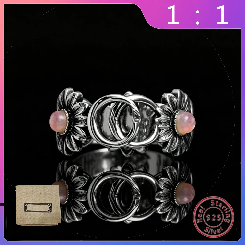 

Кольцо из серебра S925 пробы в винтажном стиле, класса люкс, модное, ретро, с буквенным мотивом, универсальное, нишевое, с розовым бриллиантом и ромашкой