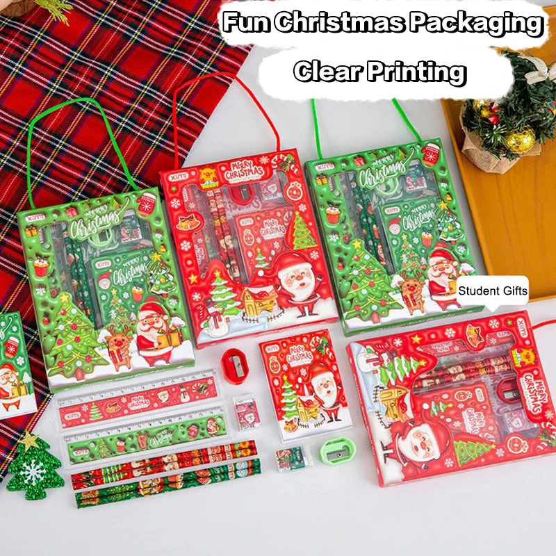 6 stks/set Kerst Briefpapier Set Geschenkdoos Potlood Gum Heerser Memo Puntenslijper Set Kerstcadeaus Voor Leerlingen