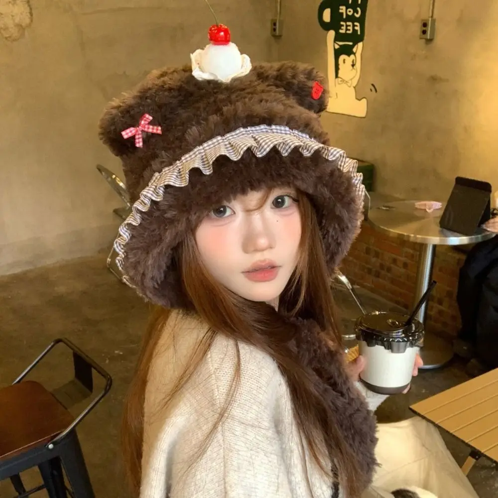 

Comfortable Cake Bear Ear Protection Hat Cartoon Cute Plush Pullover Hats Headgear Korean Style Winter Warm Hat Daily Wear