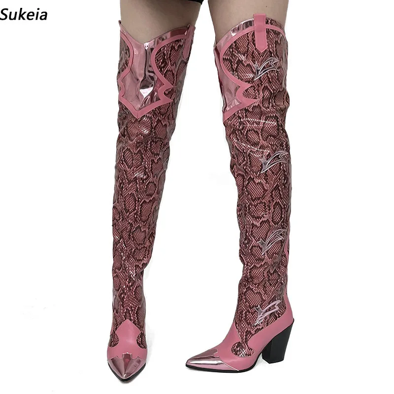 Sukeia New Arrival Women Winter Thigh Boots Stiff Chunky Heels Pointed Toe Pink Cosplay Shoes Ladies US Size 5-10.5