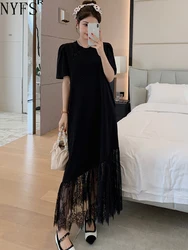 NYFS 2024 Summer New Korea Woman Dress Vestidos Robe Elbise Loose Plus Size Patchwork Lace Hem Black Color Long Dress