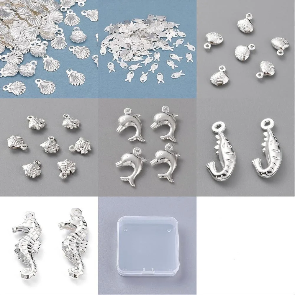 925 Sterling Silver Plated Sea Charms 70Pcs 7 Styles Brass Pendants Ocean Animal Charms Shell Fish Sea Horse Dangle Charm