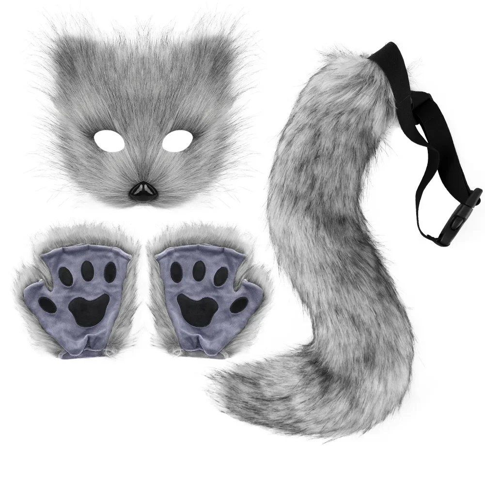 Fluffy Fur Fox Half Masks Tail Paws Gloves Cat Wolf Mask Set Halloween Cosplay Costume Props Stage Performance Dress Up