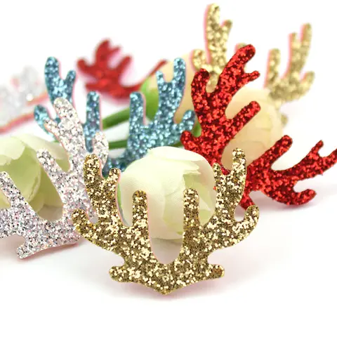 40 adet 3*4cm glitter noel ren geyiği boynuzları aplikler Craft dekorasyon el yapımı şapkalar saç klipleri aksesuarları toptan