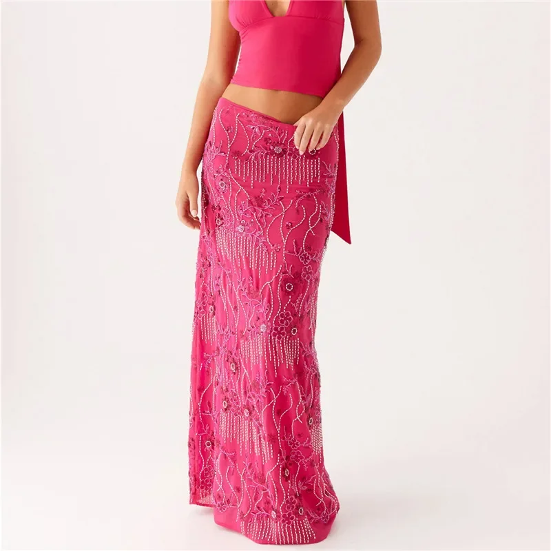 

Women Sequin Beaded Maxi Skirt Y2K Sparkly High Waist Bodycon Skirt Night Out Party Glitter Long Skirt Vacation Clubwear
