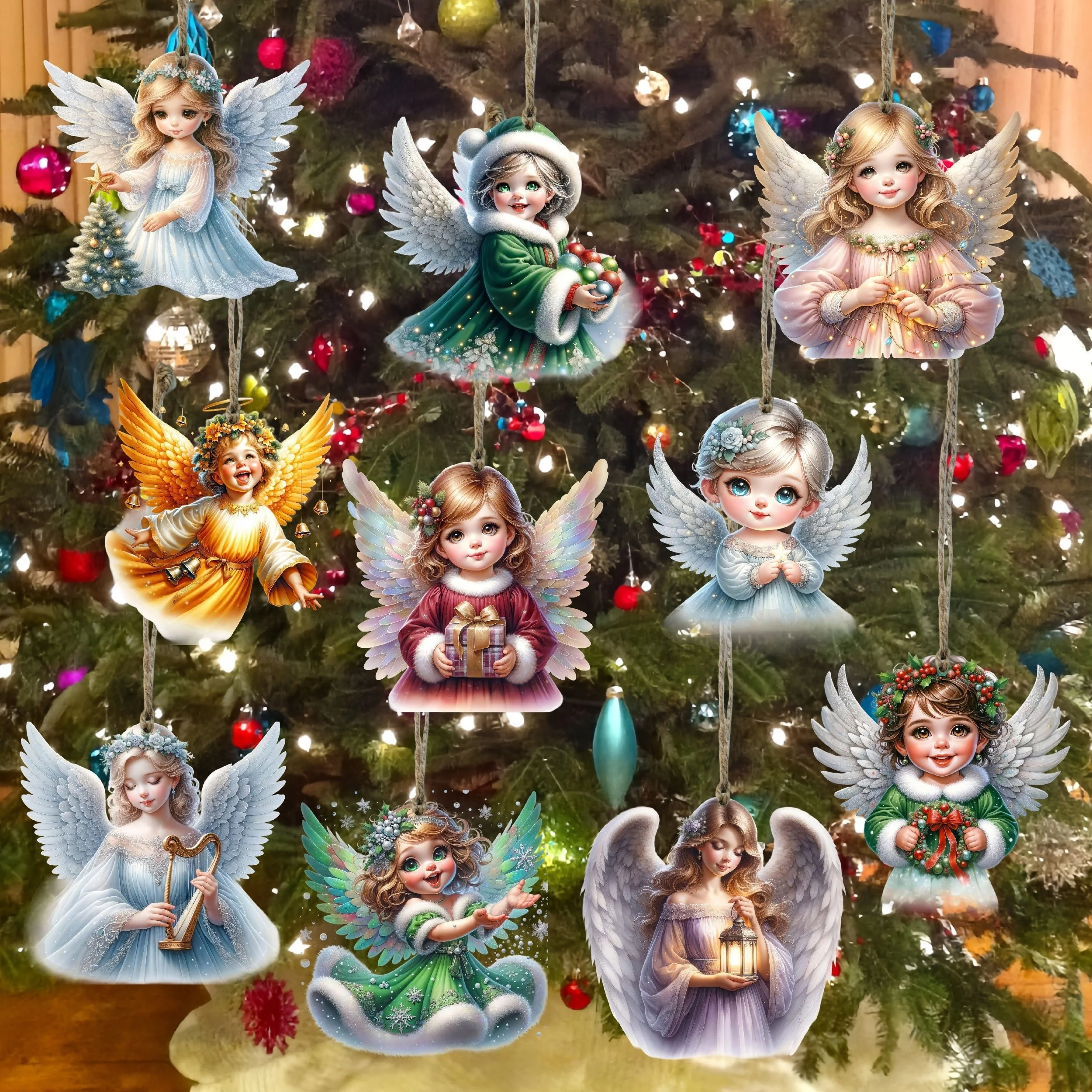 10PCS Handmade Wooden Christmas Angel Ornament with Rope - Holiday Tree Decoration, Battery Free