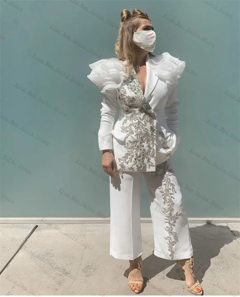 

Luxury White Women Suit Pants Set 2 Pcs Blazer+Trousers Appliqued Bead Customized Autumn Formal Guest Wedding Tuxedos Party Coat