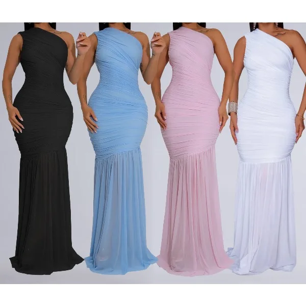 ชุดBodyconผู้หญิงหนึ่งไหล่SkewคอสูงแยกจีบHem Maxiชุดฤดูใบไม้ร่วง 2025 ชุดราตรีเซ็กซี่Club Party Vestidoกระโปรง