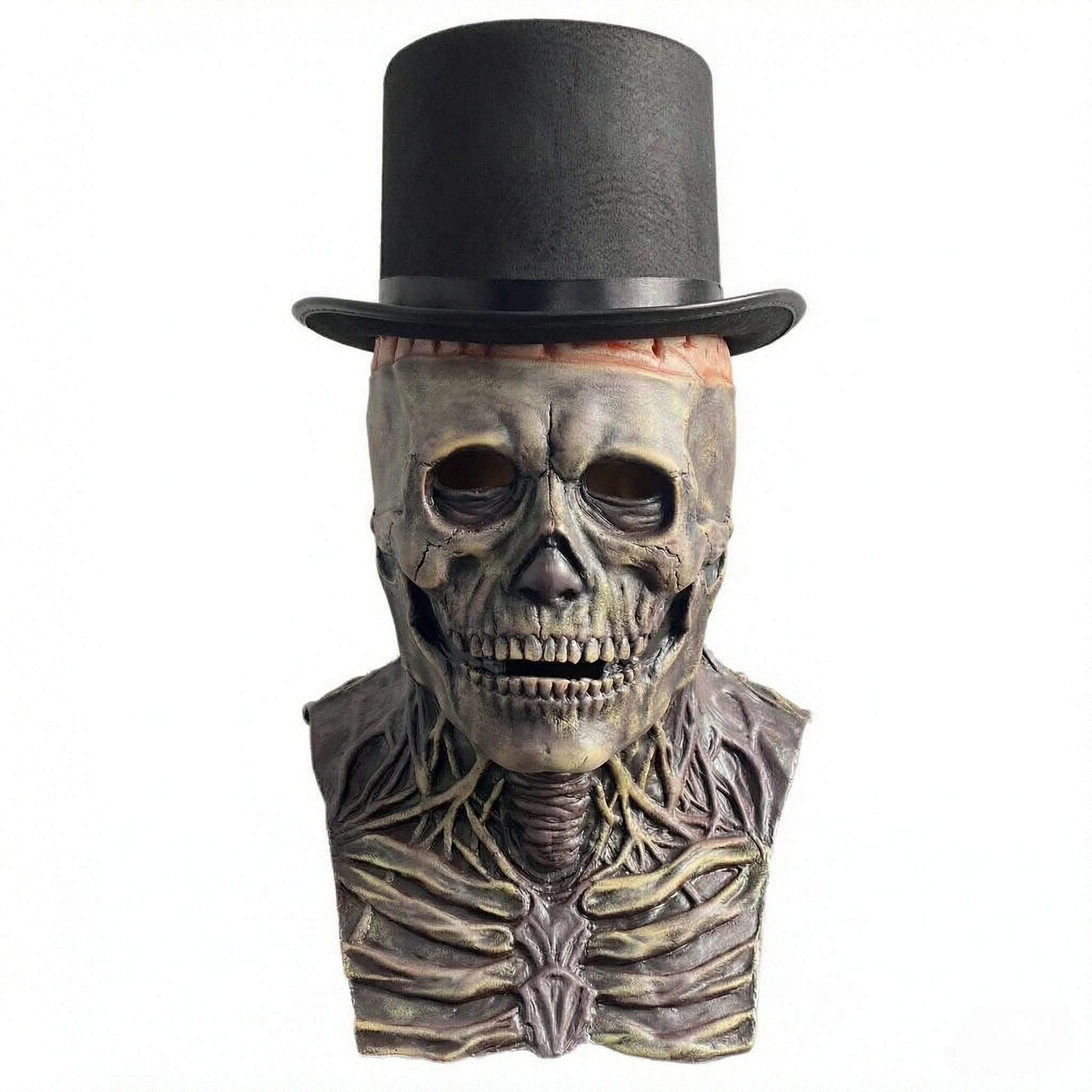 1Pc Horror Skeleton Mask with Bust & Black Top Hat, Realistic Exposed Brain, Adult Halloween Cosplay Party Prop