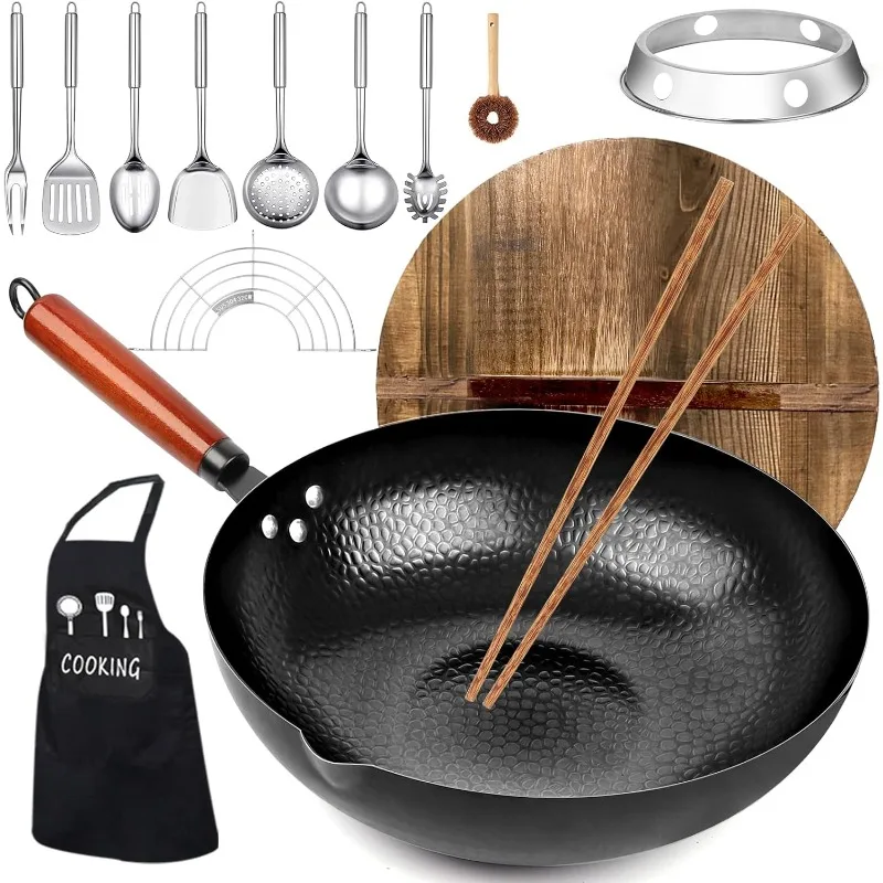 Carbon Steel Wok Pan, 14 count Woks & Stir-Fry Pans Set with Wooden Lid Cookwares, No Chemical Coated Flat Bottom Chinese Pan