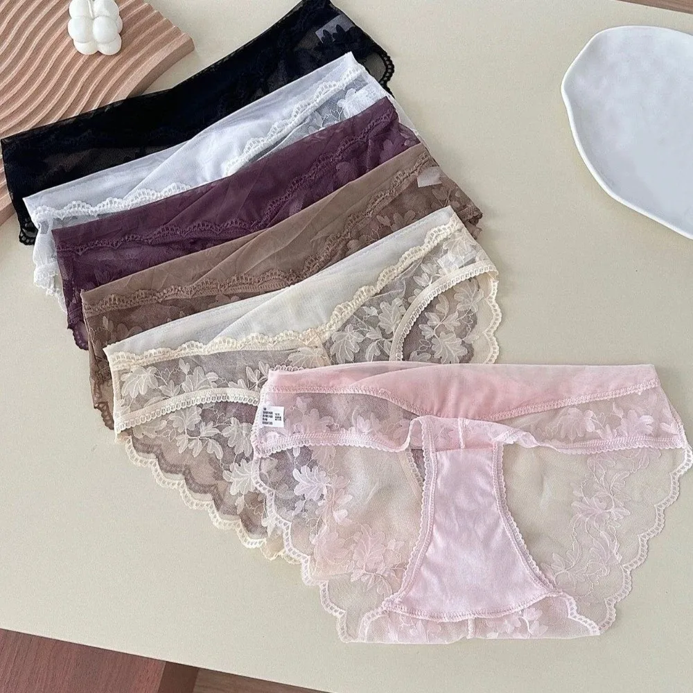 Fashion Mesh Lace Flower Panties Low Waist Breathable French Style Briefs Transparent Lace Briefs Summer Spring