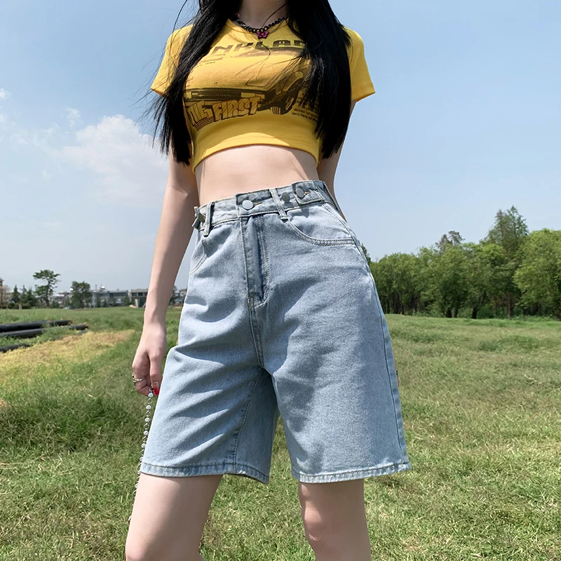 صيف جديد كوريا موضة فضفاضة النساء شورت جينز الأرجواني الوردي عالية الخصر جيوب مستقيمة الإناث السراويل القصيرة واسعة