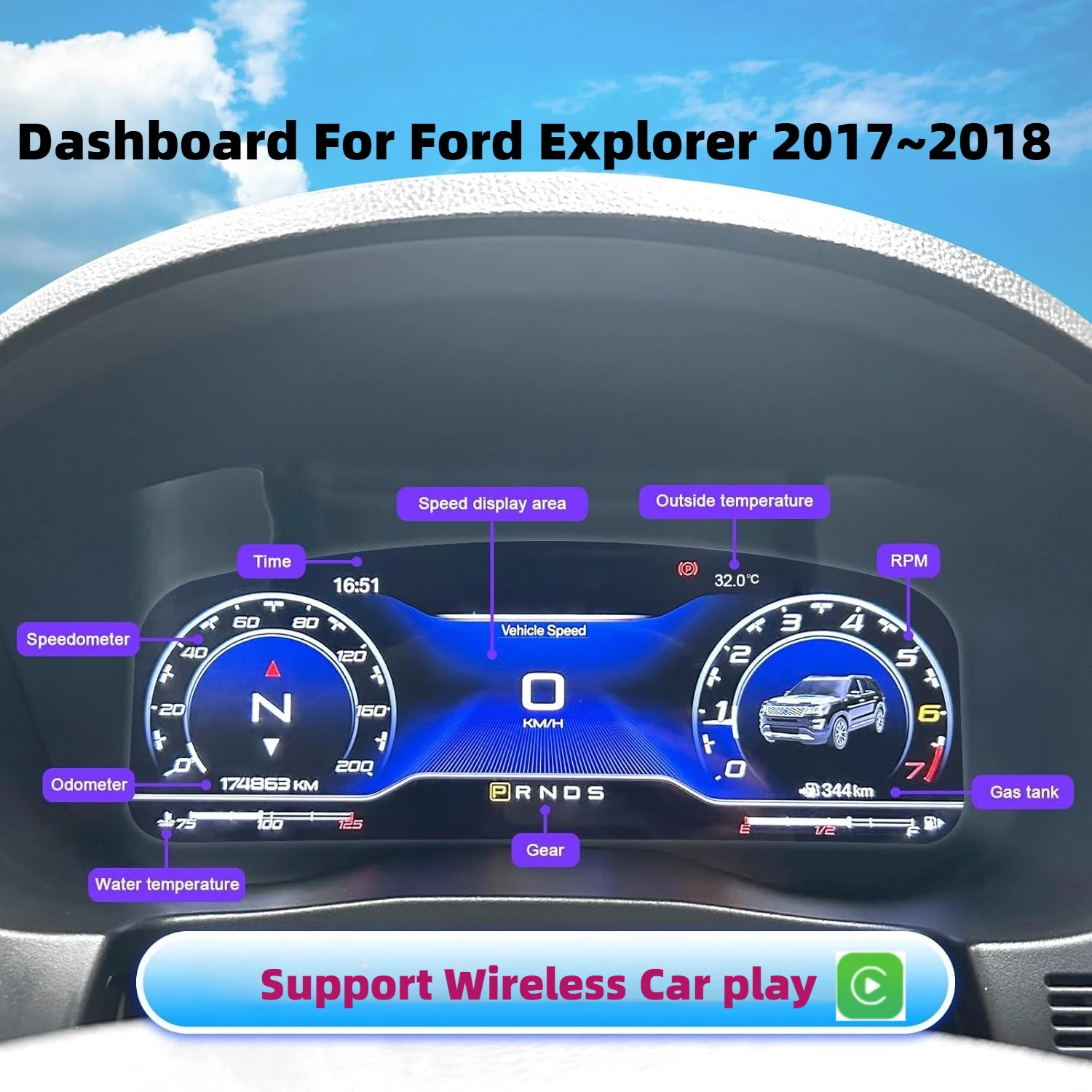 

Dashboard ClusterFor Ford Explorer 2017~2018 Carplay OTA UP Screen 2K Digital speedometer LCD instrument panel 3+3 Colour UI