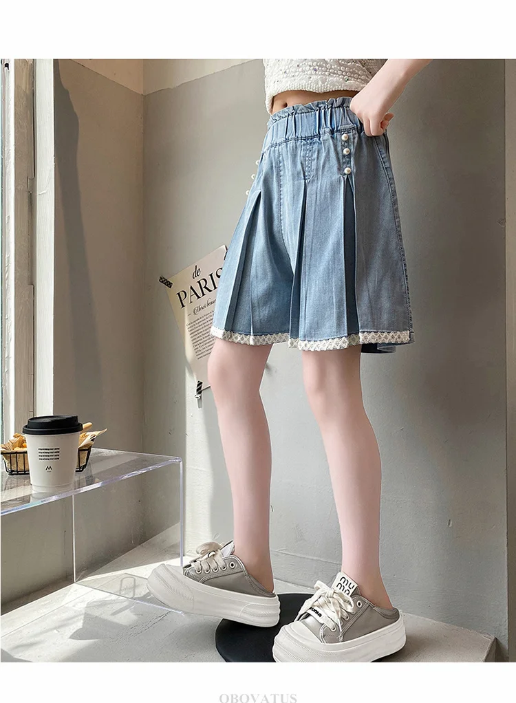 Sommer-Jeansshorts für Kinder mit Spitze am Saum, für Mädchen, elegante, plissierte Mini-Jeansshorts mit Perlen, Größe 5, 7, 9, 11, 13, 14 Jahre. – Detail 5