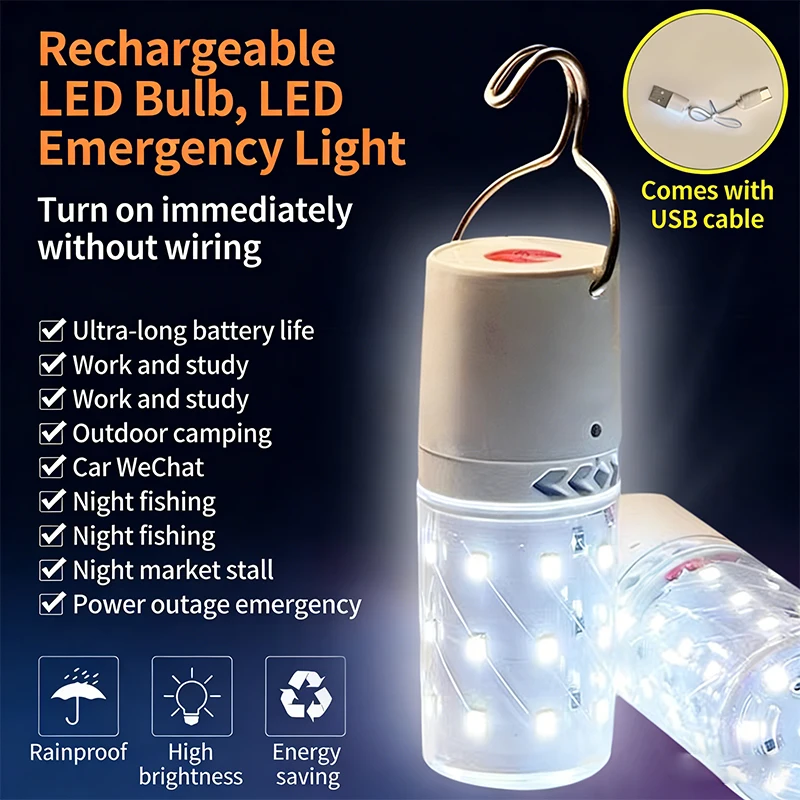 Portable LED Camping Lantern USB Rechargeable Emergency Light with Hanging Hook for Outdoor Hiking Tent Fishing Power Outage