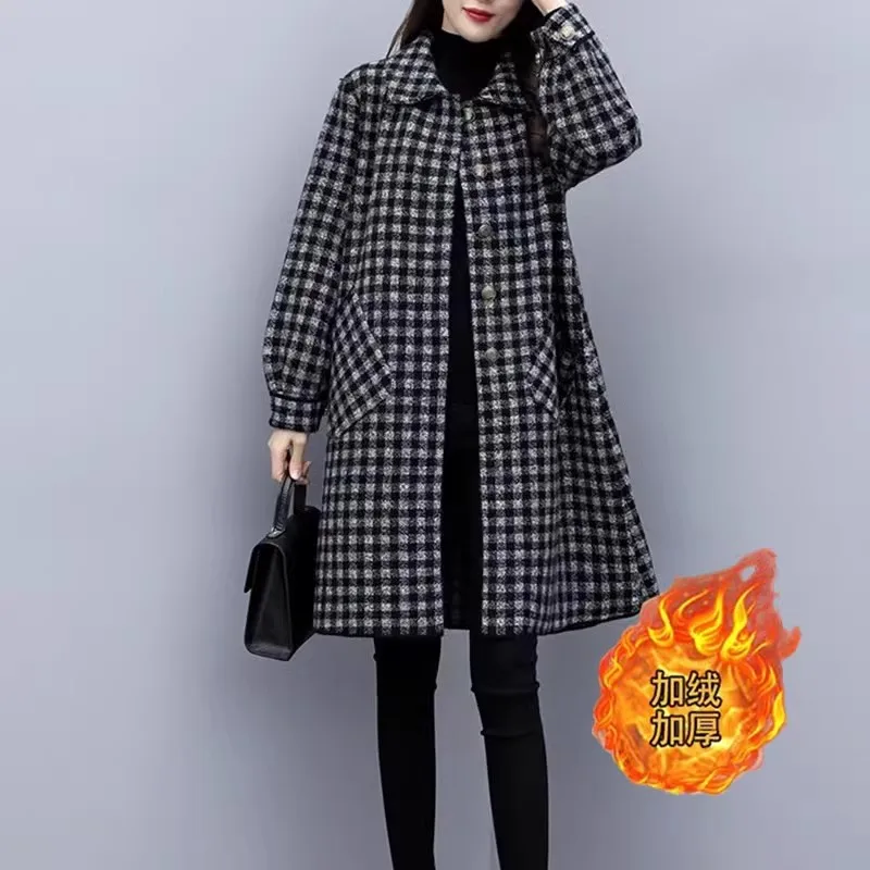 

6XL Large Size Women Plaid Windbreaker Autumn Winter Korean Loose Long Plush Thick Warm Trench Coat Middle Aged Mother Overcoat