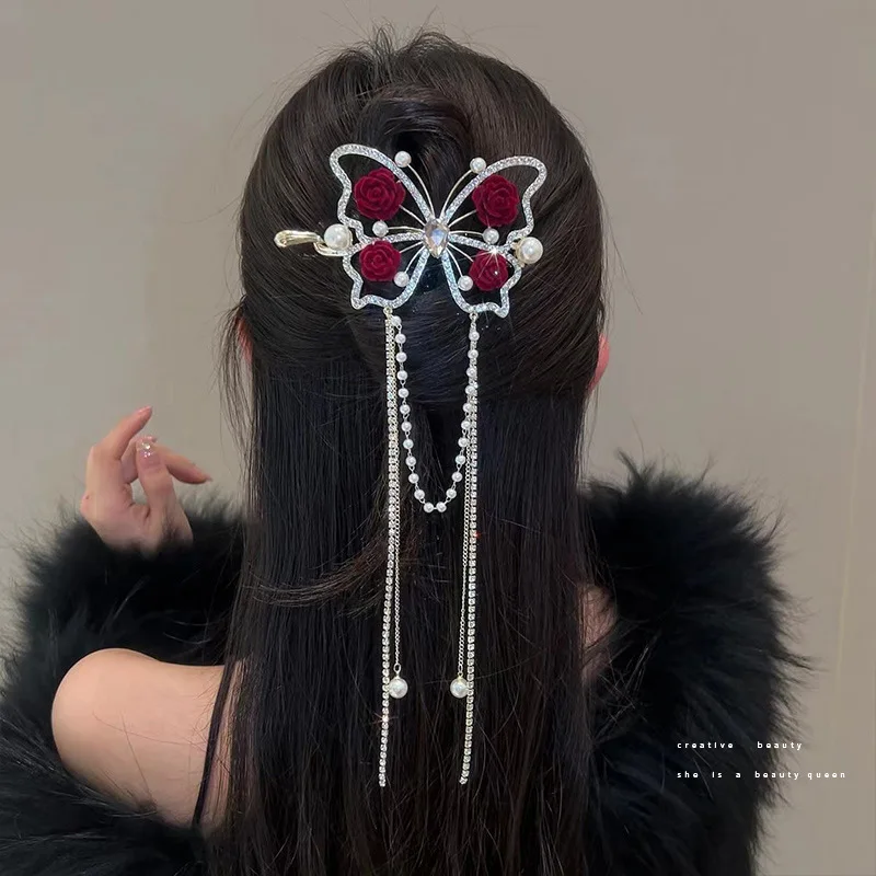 New Fashion Butterfly Tassel Hairpin Female Retro Elegant One Word Hairpin Ponytail Buckle Hair Clip Headwear Summer Accessories