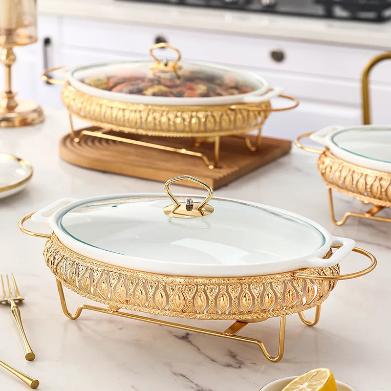 

LH Oval Ceramic Soup Pot Home Hotel Restaurant Matte Glazed Candle Heating Tray with Lid