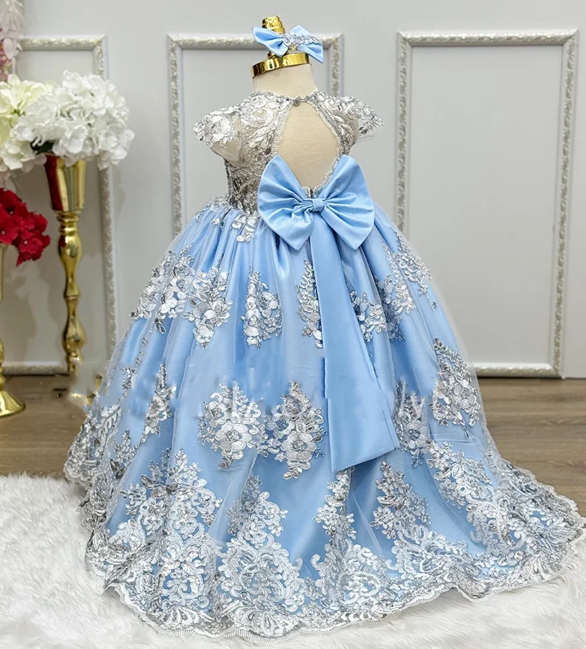 Vestido de Apliques de Renda Dourada Bebés, Vestidos de baile, Menina Flor, Bonito vestido de princesa, Grande Arco, Primeiro Aniversário, Casamento