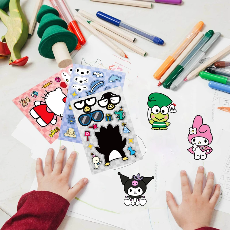 Sanrio 8 Sheets Mix Children Puzzle Anime Stickers Kuromi Hello Kitty Make a Face Assemble Game Decal Assemble Jigsaw Girl Toy