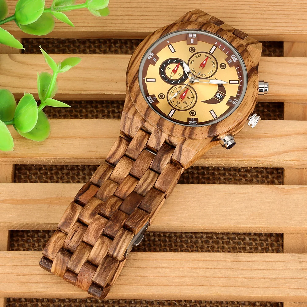 Chronograph Calendar Round Dial Quartz Watch for Men Folding Clasp Wooden Bangle Male Watches Vintage Natural Men\'s Timepiece