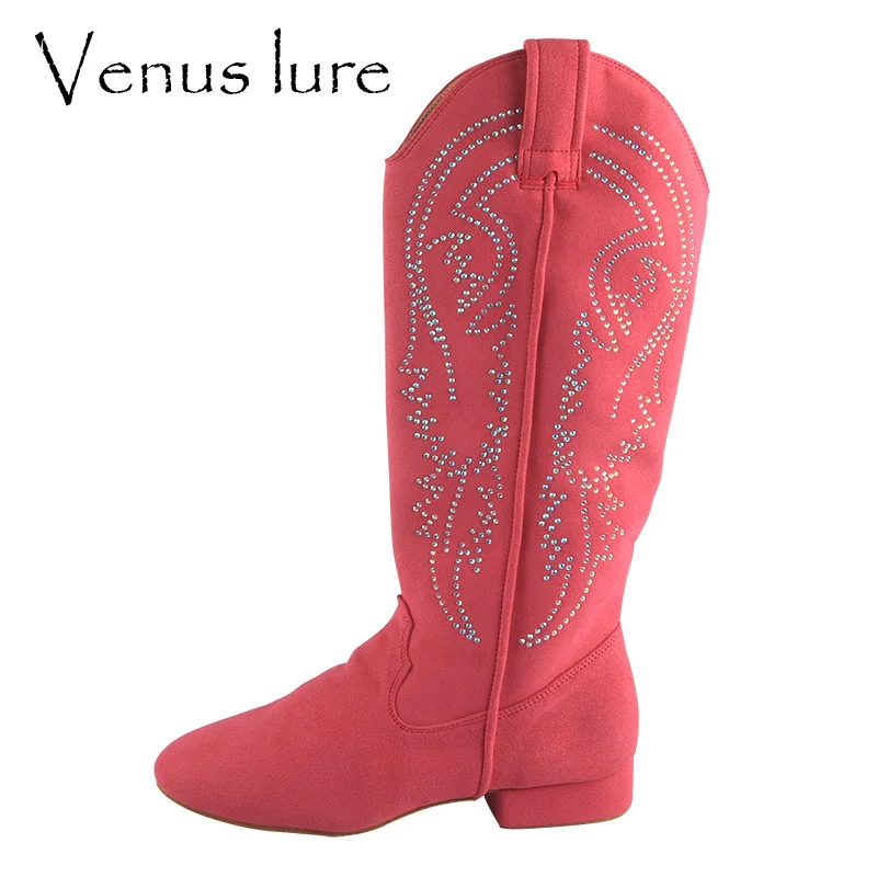 Venus lure Customized Rose Color Suede Dance Boot Women Practice Rhinestone Western Style Line Dancing Boots 2.5CM Heel