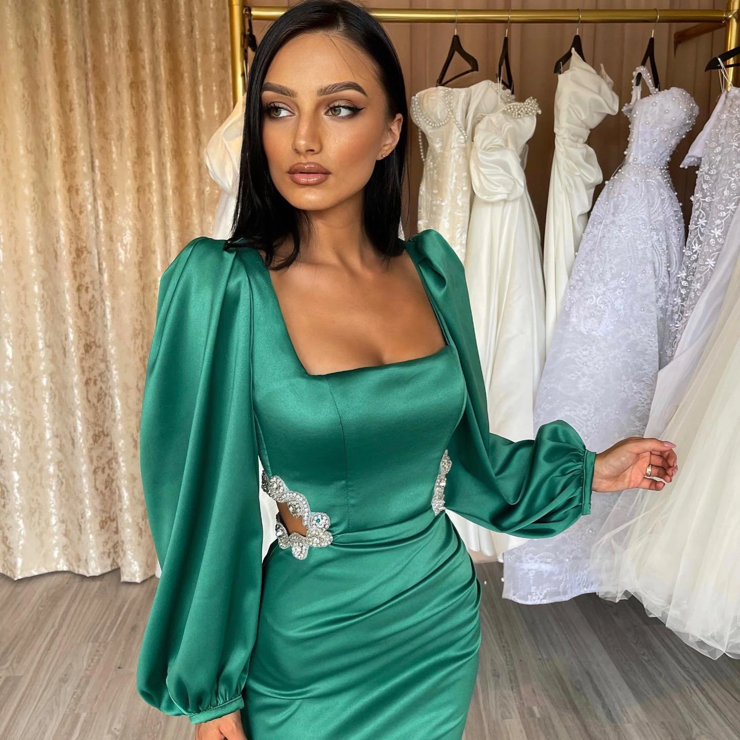 Thinyfull Formal Mermaid Prom Dresses Puff Sleeve Evening Dress Square Collar Saudi Arabia Dubai Cocktail Party Gowns Plus Size