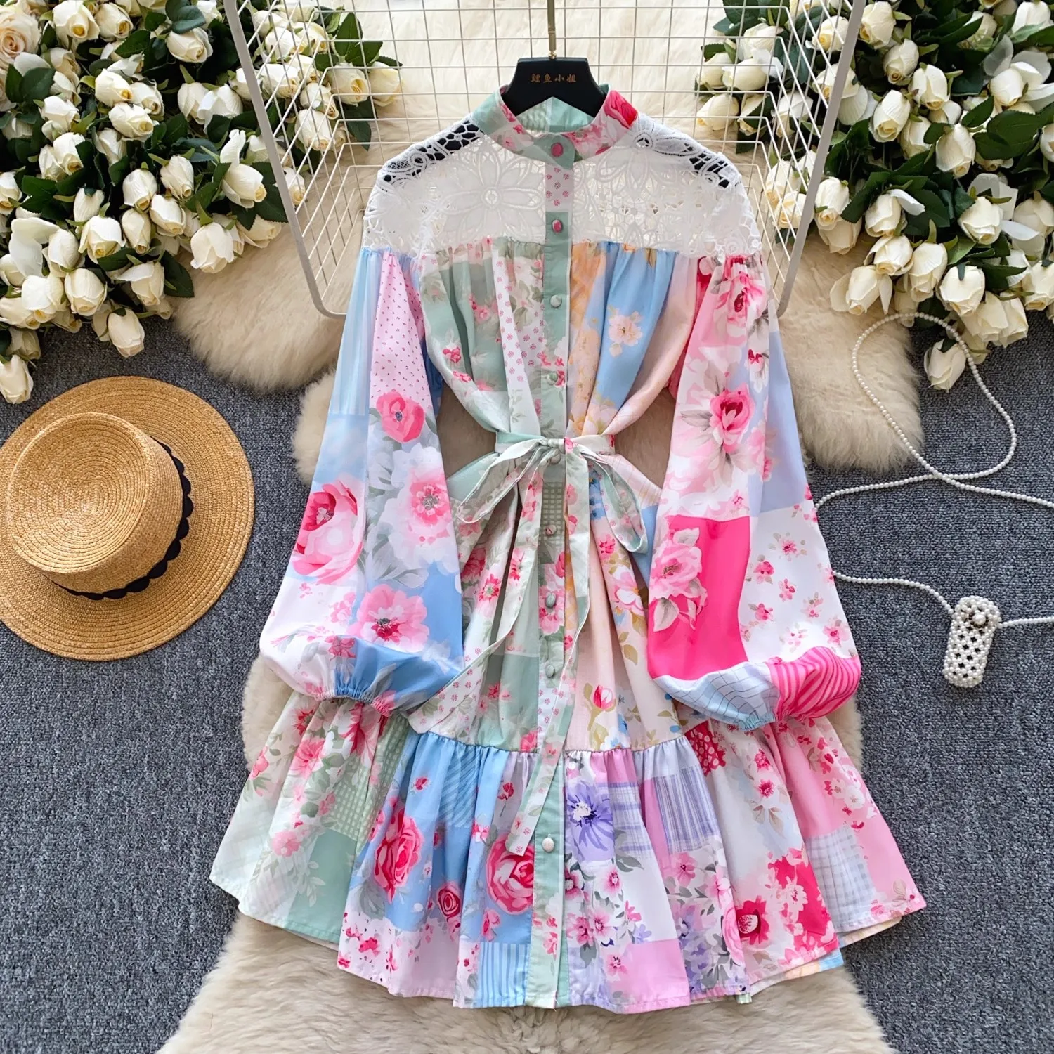 Vacanza estiva in pizzo scava fuori giuntura splendidi fiori mini abiti da donna stand manica lunga lanterna spiaggia boho volant abiti