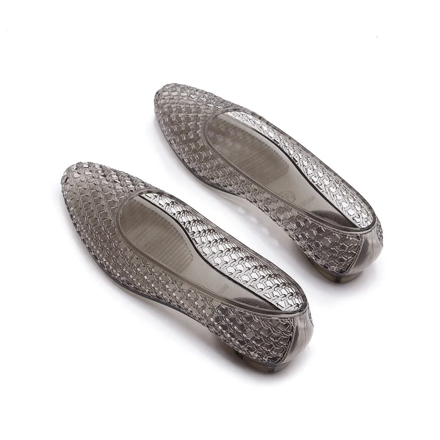 French Vintage Woven Jelly Sandals Ladies Pointed Translucent PVC Flats Women's Clear Breathable Round Toe Casual Everyday Shoes - view 3