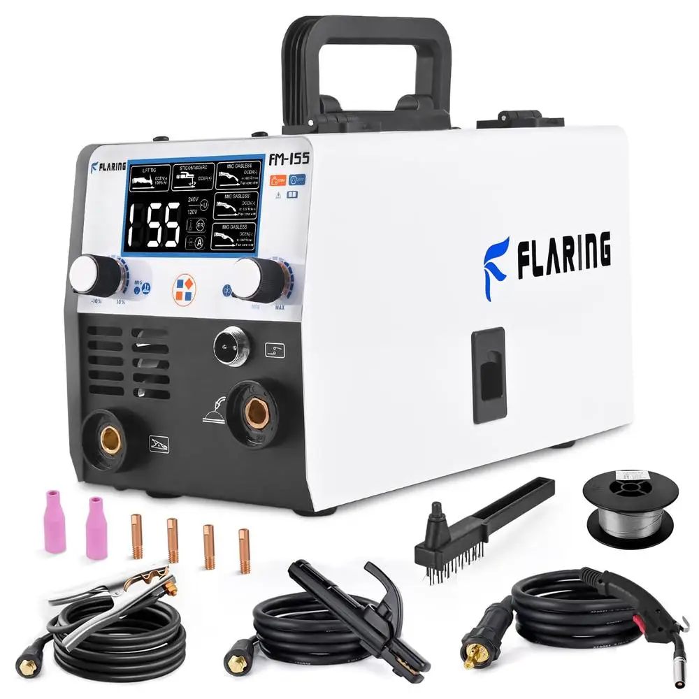 155A MIG Welder 110V Gasless Stick TIG 3in1 Welding Machine IGBT Inverter Portable Large LED Digital Display Flux Core Welder