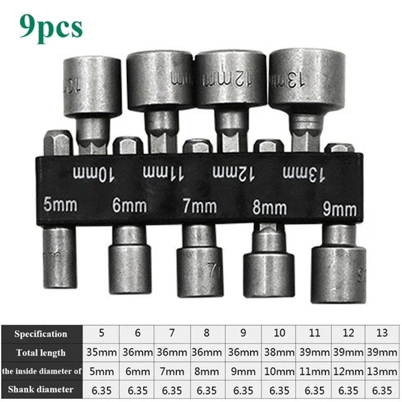 Socket Sleeve Nozzles Nut Driver Set Screwdriver Adapter 5mm-13mm Hex Sockets Fixed Drill Bits Car Repair Power Tool Accessories